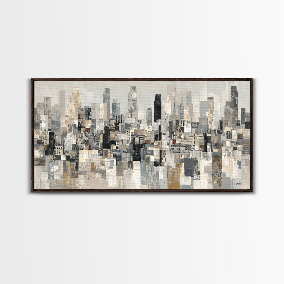Black and White City Skyline Silhouette Framed Canvas Print, Office Art, Home Decor, Office Decor, Fine Art, Focus, Art Deco, OFF-2x1-1