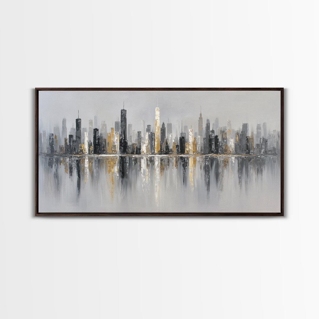 Black and White City Skyline Silhouette Framed Canvas Print, Office Art, Home Decor, Office Decor, Fine Art, Focus, Art Deco, OFF-2x1-25