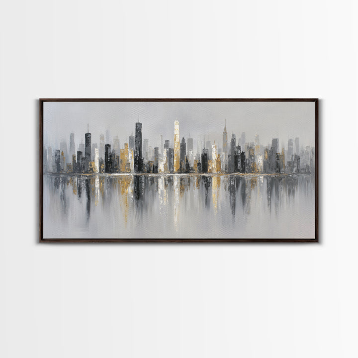 Black and White City Skyline Silhouette Framed Canvas Print, Office Art, Home Decor, Office Decor, Fine Art, Focus, Art Deco, OFF-2x1-25