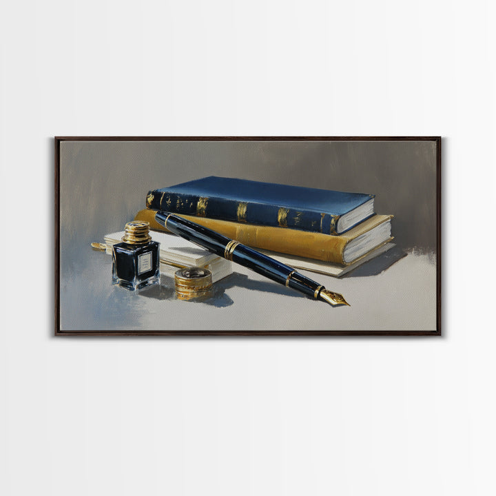 Fountain Pen and Notebook Still Life Without Framed Canvas Print, Office Art, Poster, Office Decor, Oil Painting, Focus, OFF-2x1-90