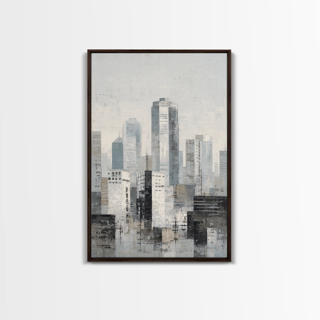 Black and White City Skyline Silhouette Framed Canvas Print, Office Art, Wall Decor, Office Decor, Abstract Art, Focus, OFF-2x3-37