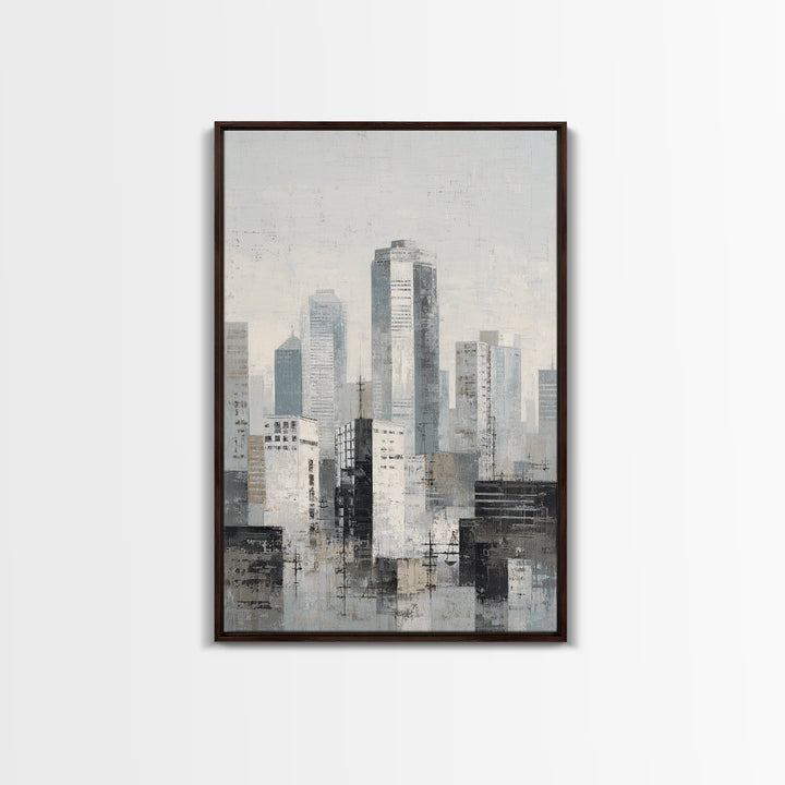 Black and White City Skyline Silhouette Framed Canvas Print, Office Art, Wall Decor, Office Decor, Abstract Art, Focus, OFF-2x3-37