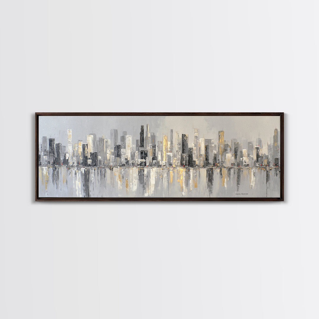 Black and White City Skyline Silhouette Framed Canvas Print, Office Art, Office Wall Art, Office Decor, Fine Art, Focus, OFF-3x1-69