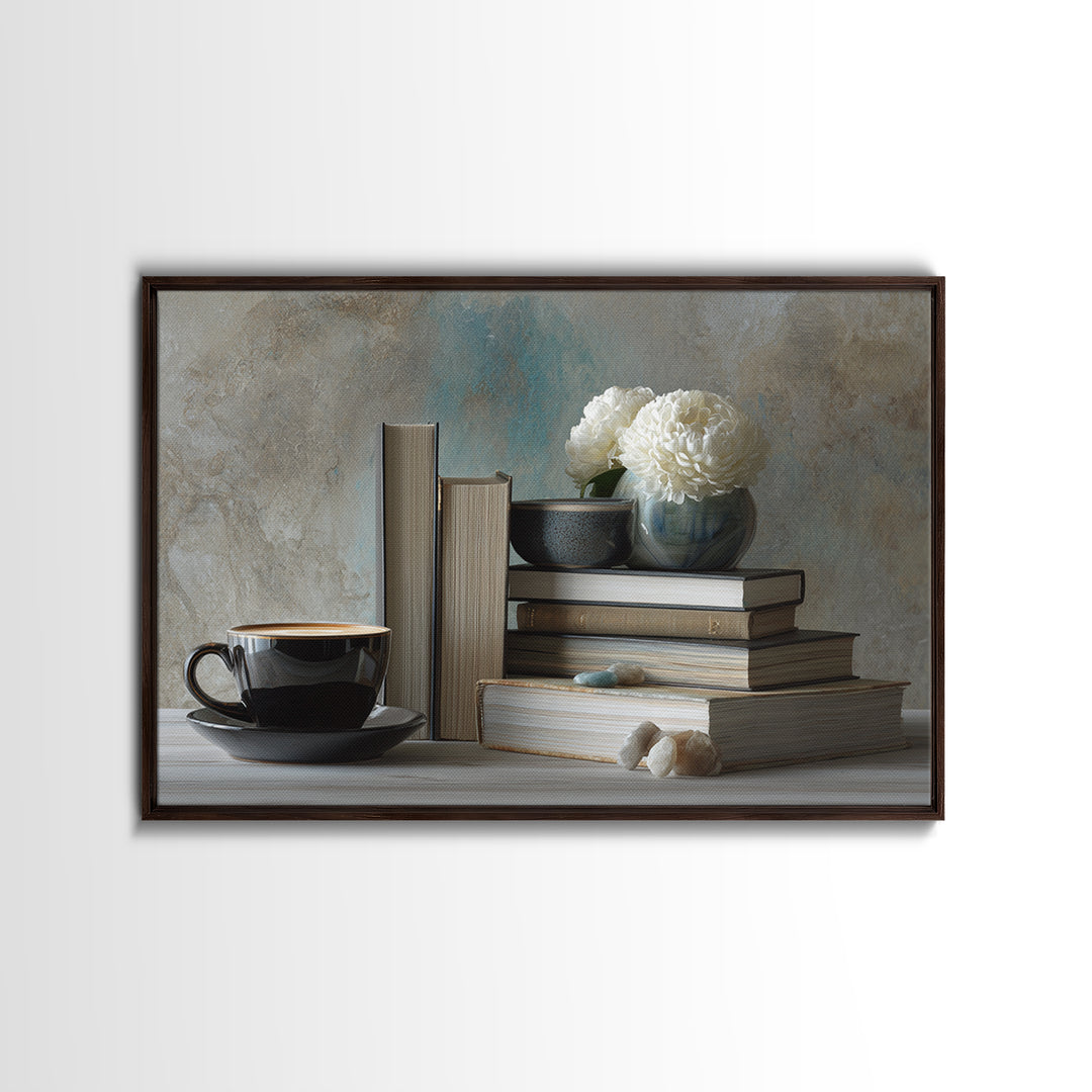 Books and Coffee Still Life Canvas Print, Office Art, Living Room Decor, Office Decor, Oil Painting, Focus, Fine Art Print, OFF-3x2-61