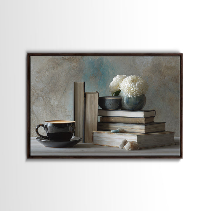 Books and Coffee Still Life Canvas Print, Office Art, Living Room Decor, Office Decor, Oil Painting, Focus, Fine Art Print, OFF-3x2-61