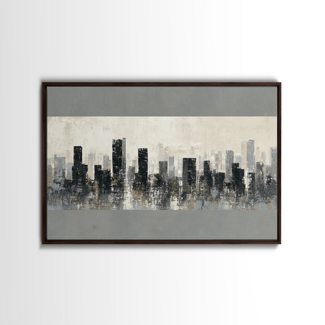 Black and White City Skyline Silhouette Framed Canvas Print, Office Art, Canvas Print, Office Decor, Abstract Art, Focus, OFF-3x2-81