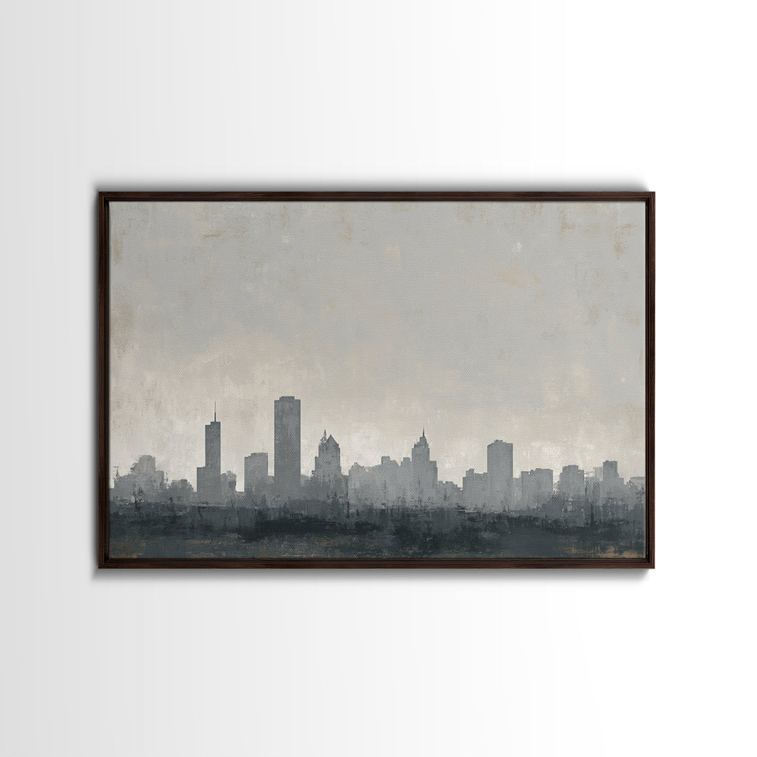 Black and White City Skyline Silhouette Framed Canvas Print, Office Art, Canvas Wall Art, Office Decor, Fine Art, Focus, OFF-3x2-9