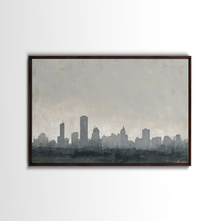 Black and White City Skyline Silhouette Framed Canvas Print, Office Art, Canvas Wall Art, Office Decor, Fine Art, Focus, OFF-3x2-9