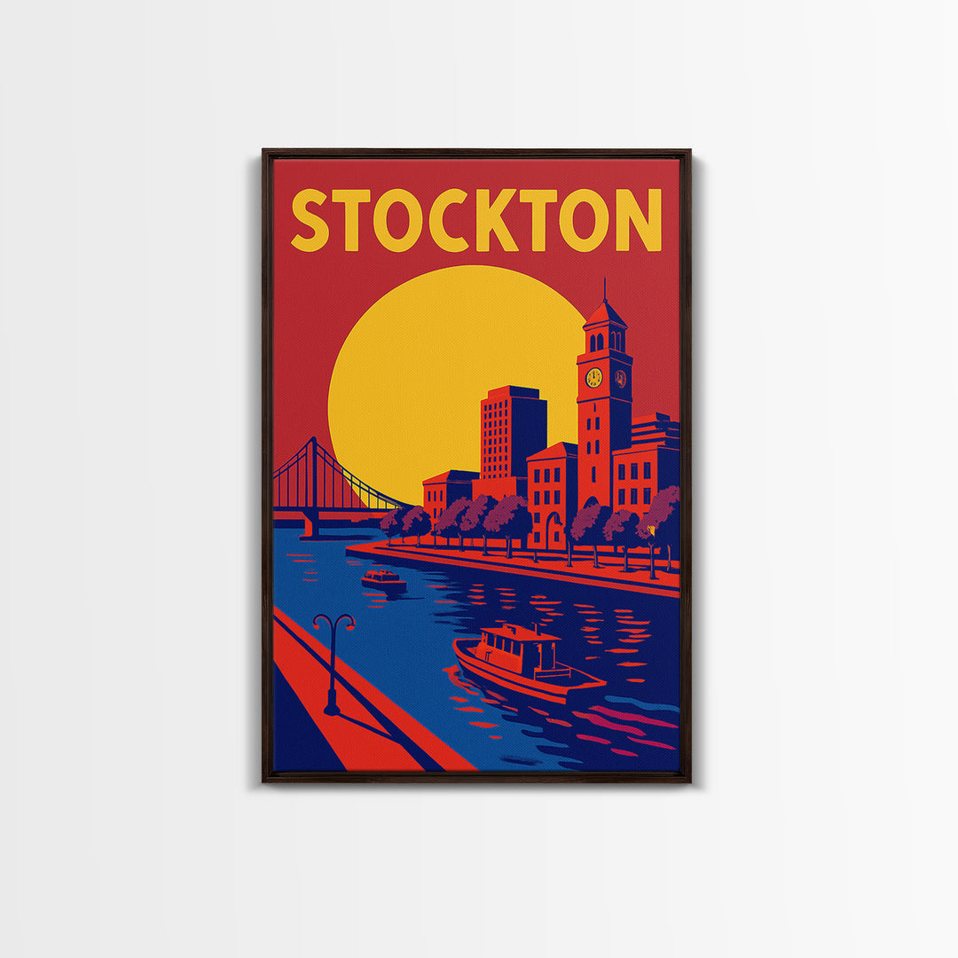Stockton Travel Poster, Framed Canvas Print, Vibrant Retro Travel Art, Stockton City Art, Vintage City Art, Fine Art Print, Vintage Print