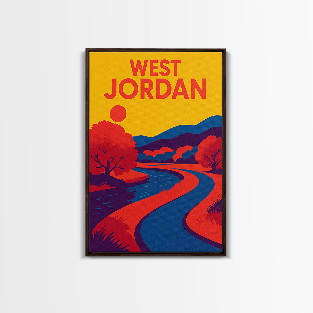 West Jordan Travel Poster, Framed Canvas Print, Bold Pop Art Poster, West Jordan Travel Art, Eclectic Wall Decor, City Illustration