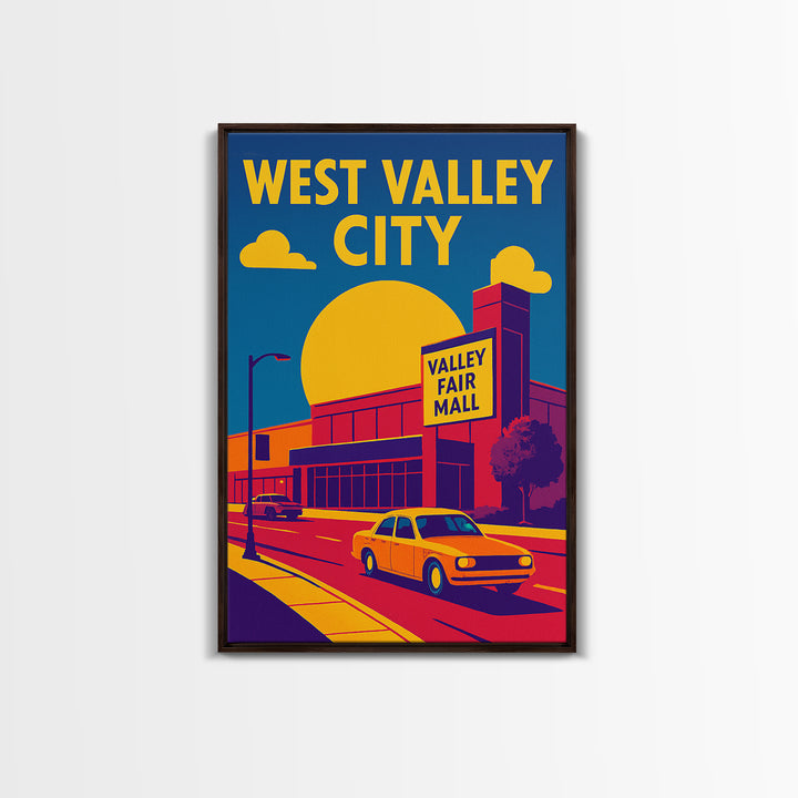 West Valley City Travel Poster, Framed Canvas Print, Vibrant Retro Travel Art, West Valley City Poster Print, Watercolor Cityscape