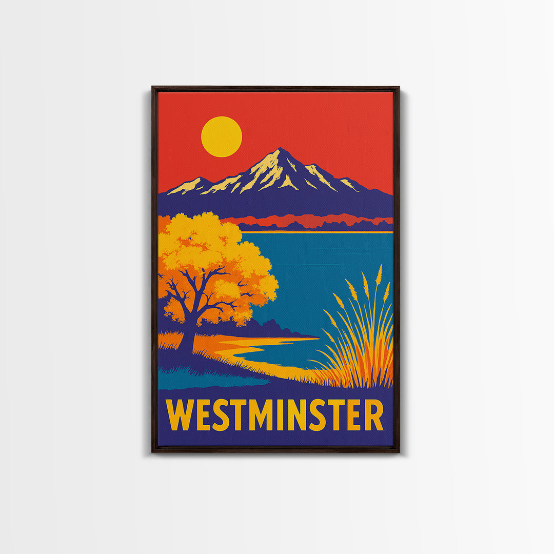 Westminster Travel Poster, Framed Canvas Print, Vibrant Retro Travel Art, Westminster City Art, Wanderlust Decor, City Illustration