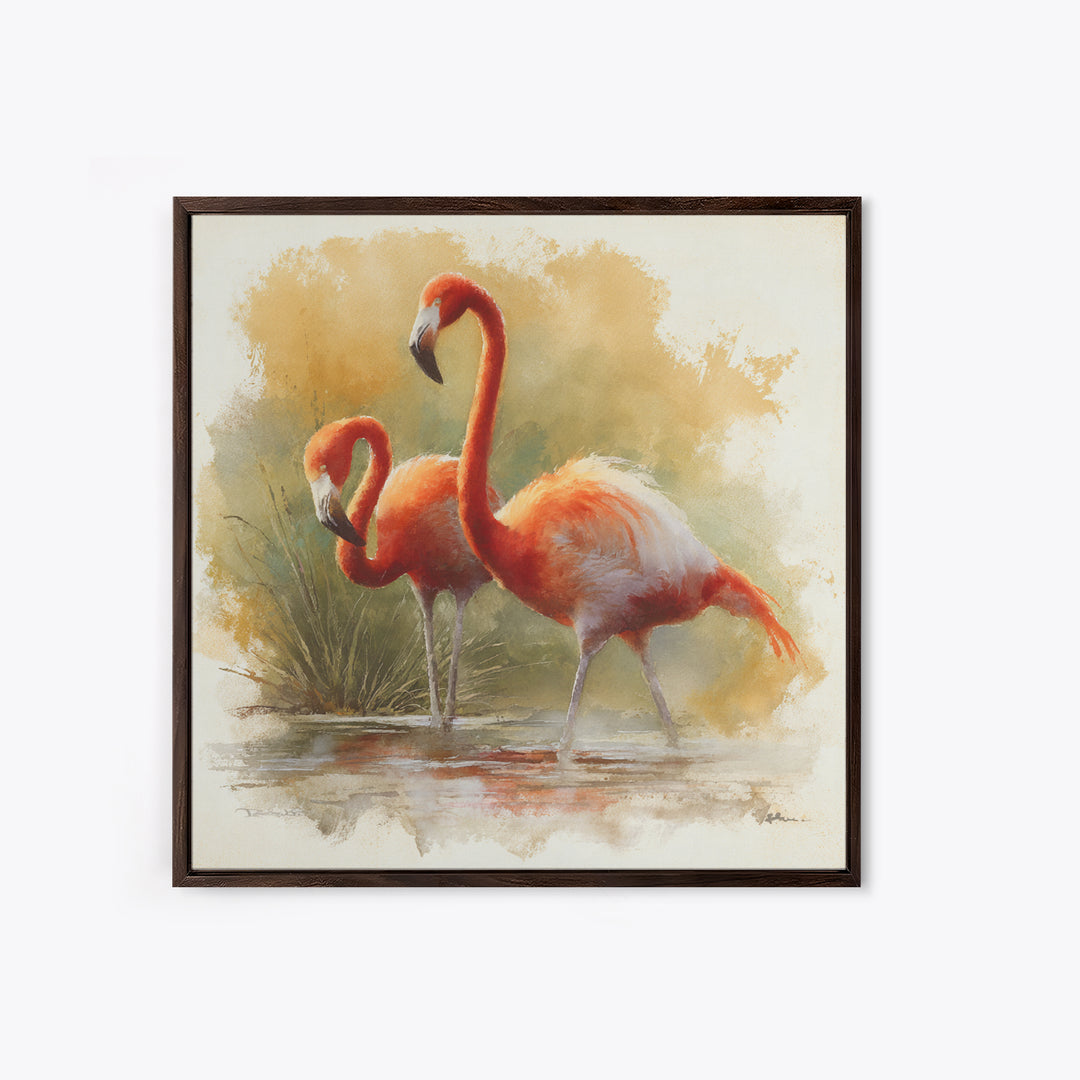 Flamingo Pair Beside Shallow Water Canvas Print, Patio Art, Beach House Decor, Patio Decor, Fine Art, Outdoor, Modern Decor, PAT-1x1-10