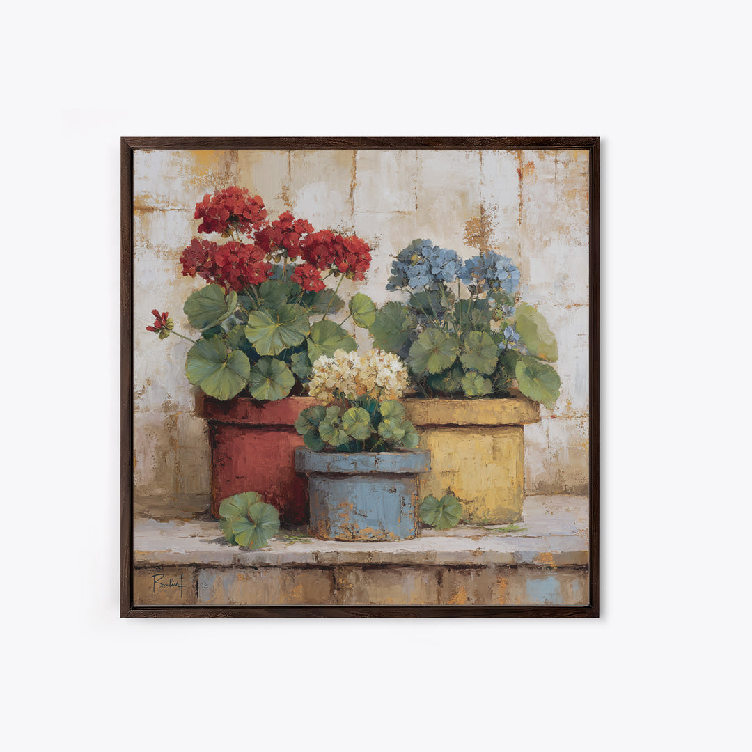 Potted Geraniums in Rustic Clay Pots Canvas Print, Patio Art, Porch Decor, Patio Decor, Fine Art, Outdoor, Fine Art Print, PAT-1x1-14
