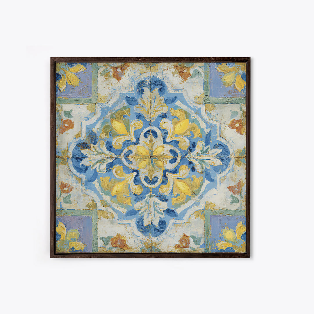 Mediterranean Lemons and Blue Tile Pattern Framed Canvas Print, Patio Art, Patio Decor, Fine Art, Outdoor, Gallery Decor, PAT-1x1-2