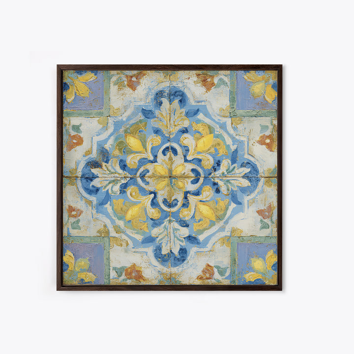 Mediterranean Lemons and Blue Tile Pattern Framed Canvas Print, Patio Art, Patio Decor, Fine Art, Outdoor, Gallery Decor, PAT-1x1-2