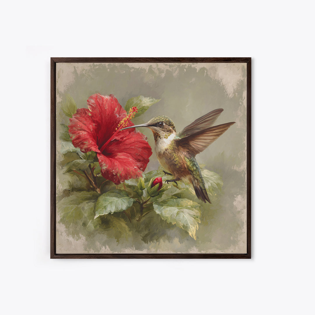 Hummingbird Visiting Bright Hibiscus Canvas Print, Patio Art, Western Decor, Patio Decor, Abstract Art, Outdoor, Floral Art, PAT-1x1-3