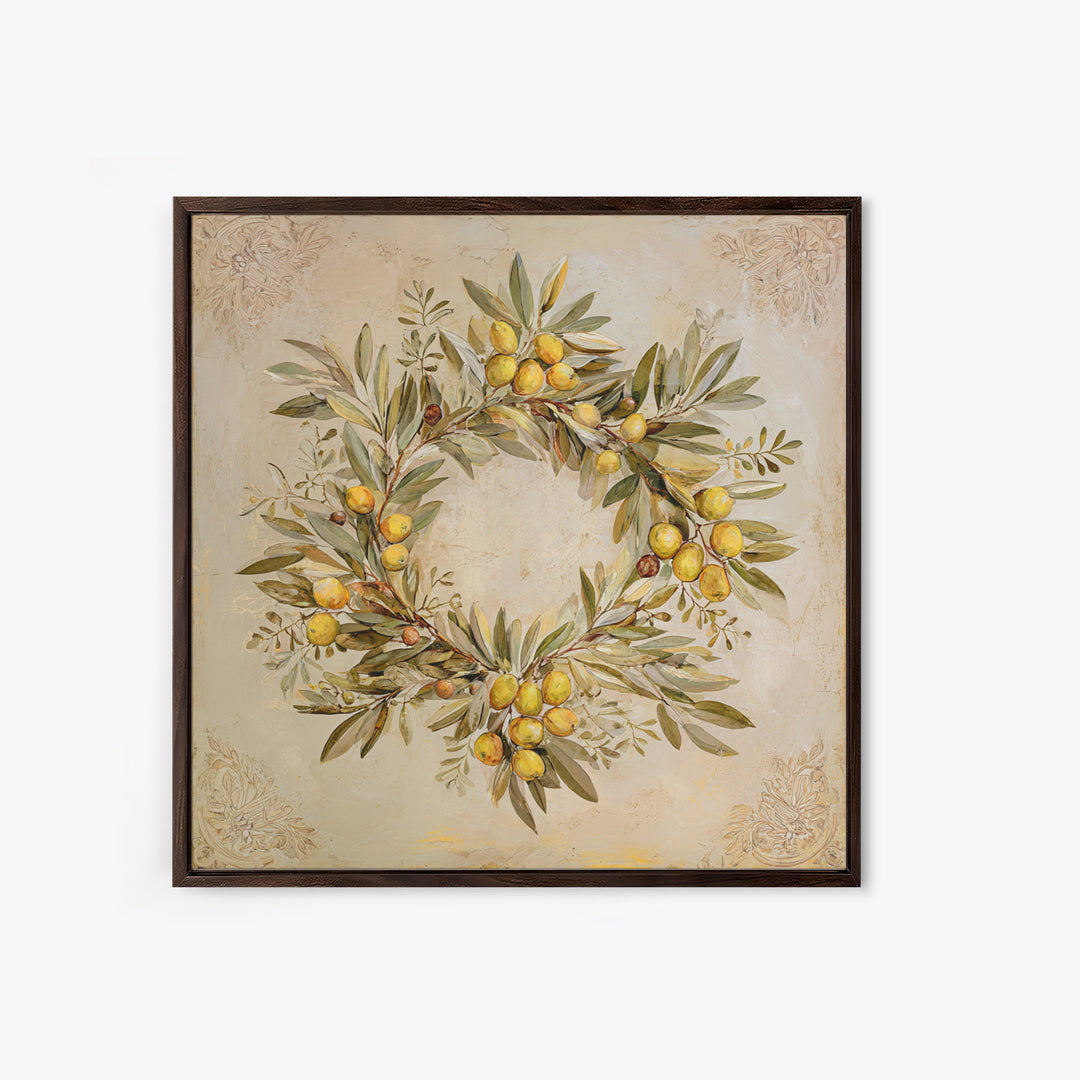 Olive Branch Wreath on Warm Plaster Framed Canvas Print, Patio Art, Statement Artwork, Patio Decor, Fine Art, Outdoor, PAT-1x1-33