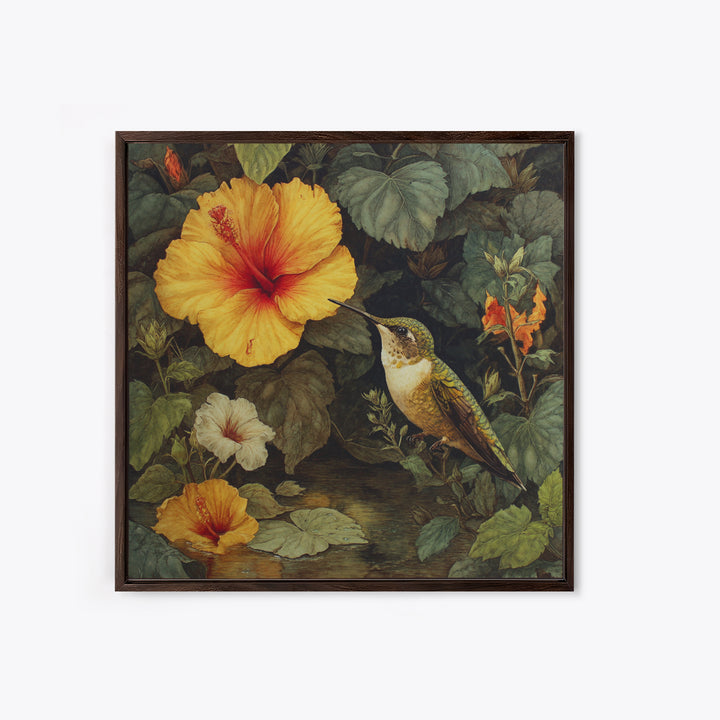 Hummingbird Visiting Bright Hibiscus Framed Canvas Print, Patio Art, Family Wall Art, Patio Decor, Oil Painting, Outdoor, PAT-1x1-51
