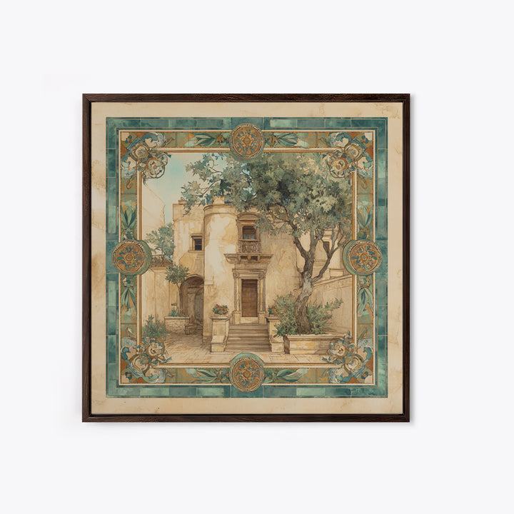 Olive Branch Wreath on Warm Plaster Framed Canvas Print, Patio Art, Statement Artwork, Patio Decor, Fine Art, Outdoor, PAT-1x1-57