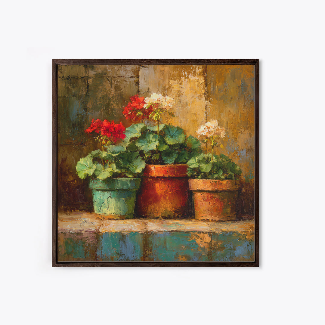 Potted Geraniums in Rustic Clay Pots Framed Canvas Print, Patio Art, Family Wall Art, Patio Decor, Fine Art, Outdoor, PAT-1x1-62