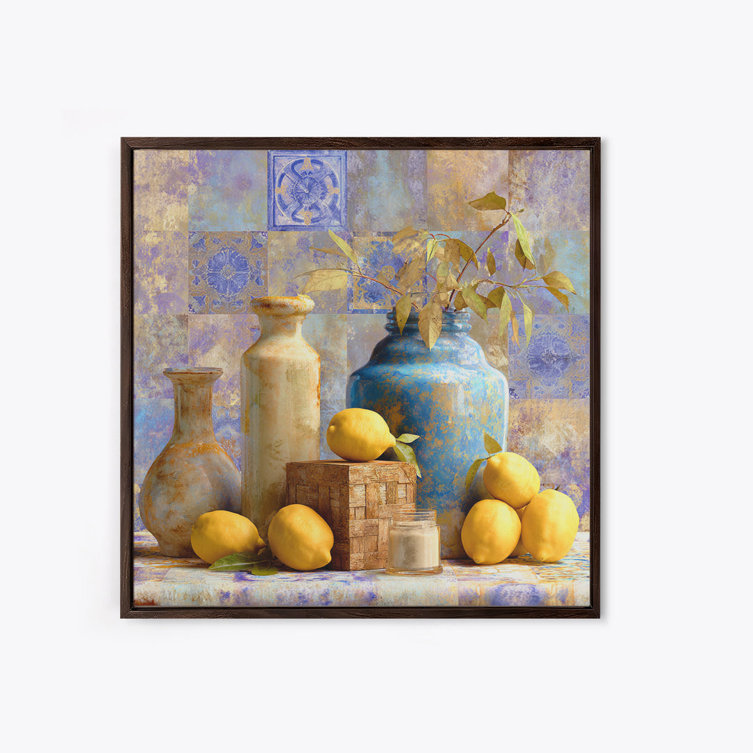 Mediterranean Lemons and Blue Tile Pattern Framed Canvas Print, Patio Art, Patio, Patio Decor, Outdoor, Minimalist Decor, PAT-1x1-74