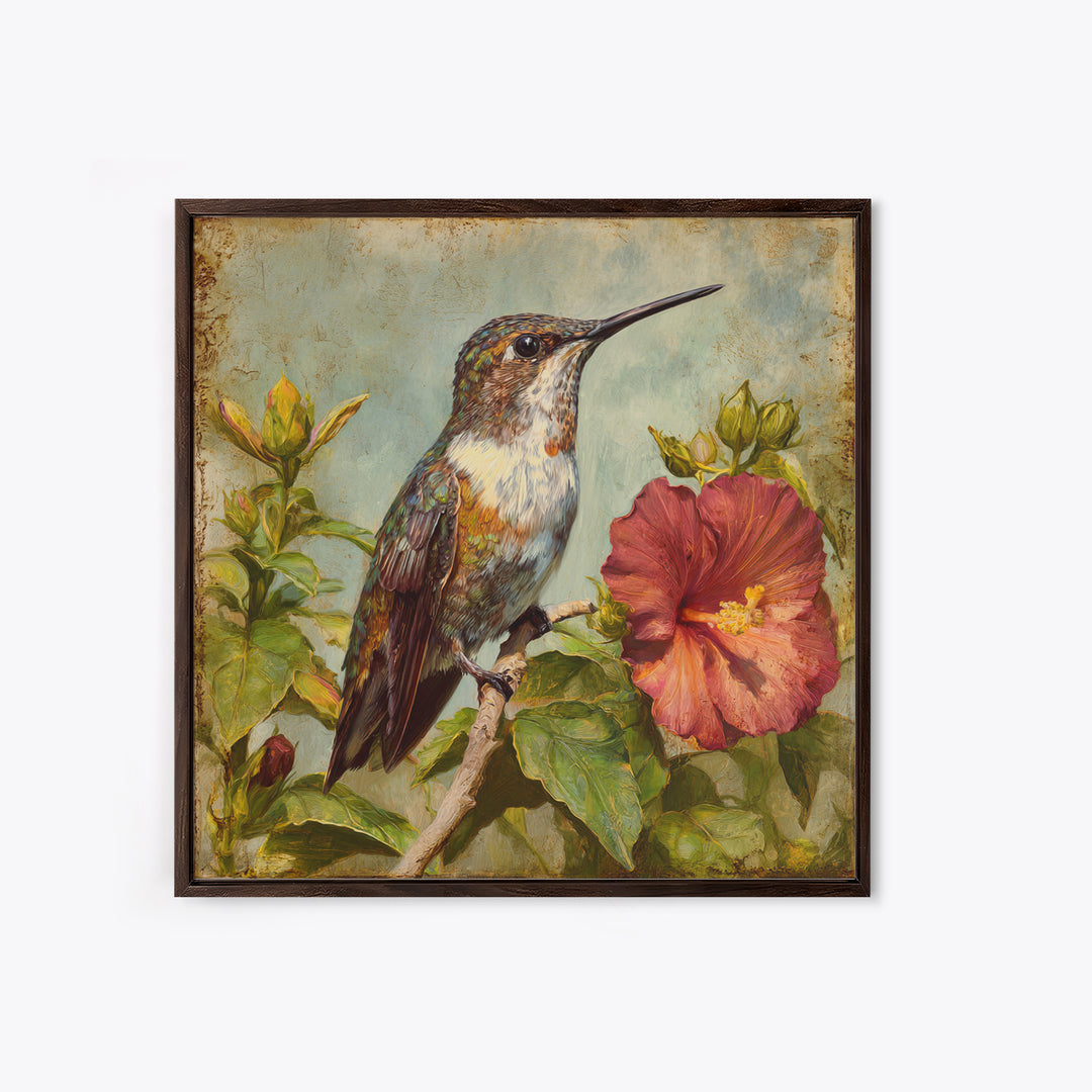 Hummingbird Visiting Bright Hibiscus Canvas Print, Patio Art, Modern Decor, Patio Decor, Fine Art, Outdoor, Home Decor, PAT-1x1-75