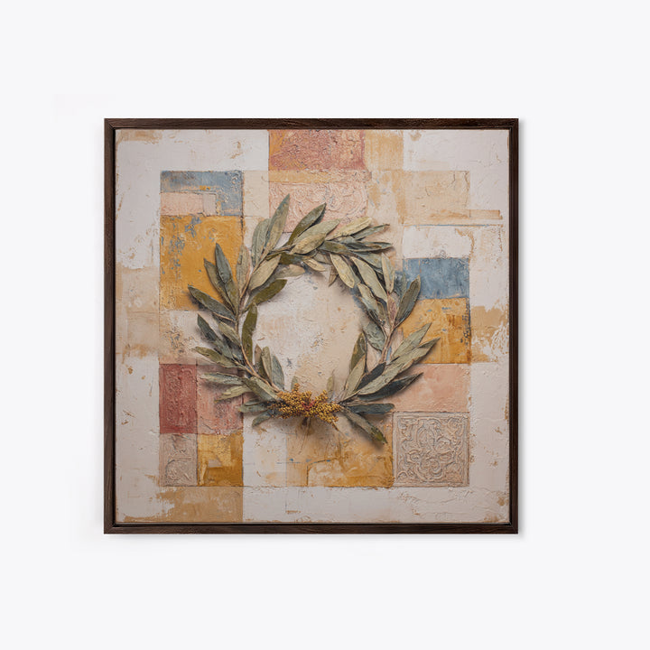Olive Branch Wreath on Warm Plaster Canvas Print, Patio Art, Patio Decor, Oil Painting, Outdoor, Outdoor Wall Art, PAT-1x1-81