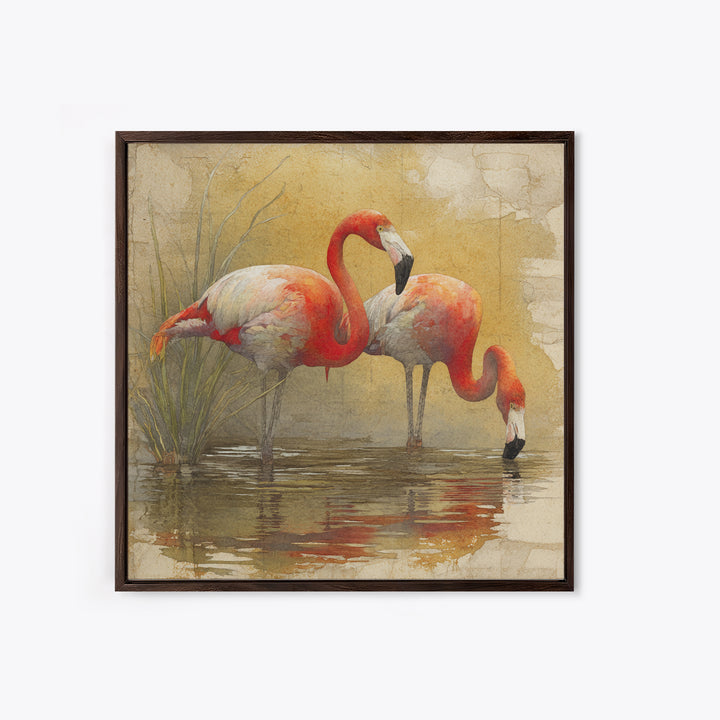 Flamingo Pair Beside Shallow Water Canvas Print, Patio Art, Neutral Decor, Patio Decor, Oil Painting, Outdoor, Wall Art, PAT-1x1-82