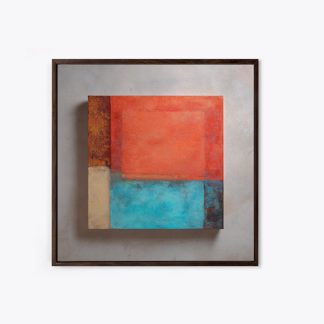 Bright Coral and Turquoise Abstract for Outdoors Framed Canvas Print, Patio Art, Mixed Media Art, Patio Decor, Outdoor, PAT-1x1-84