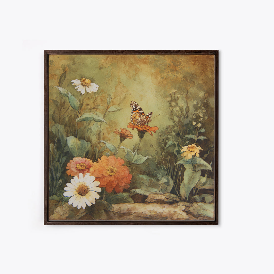 Butterfly Garden with Zinnias and Daisies Canvas Print, Patio Art, Boho Decor, Patio Decor, Oil Painting, Outdoor, PAT-1x1-85