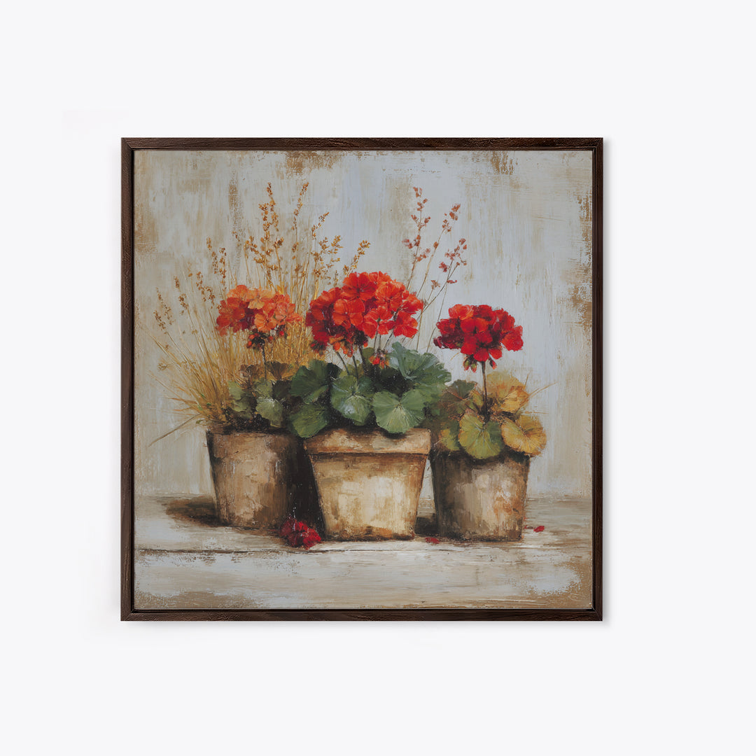 Potted Geraniums in Rustic Clay Pots Canvas Print, Patio Art, Modern Decor, Patio Decor, Fine Art, Outdoor, Home Decor, PAT-1x1-86