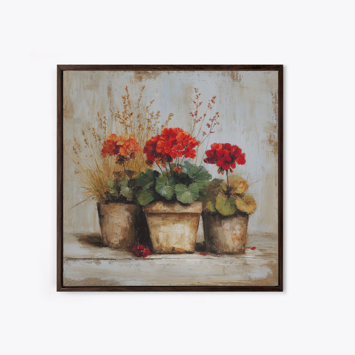 Potted Geraniums in Rustic Clay Pots Canvas Print, Patio Art, Modern Decor, Patio Decor, Fine Art, Outdoor, Home Decor, PAT-1x1-86