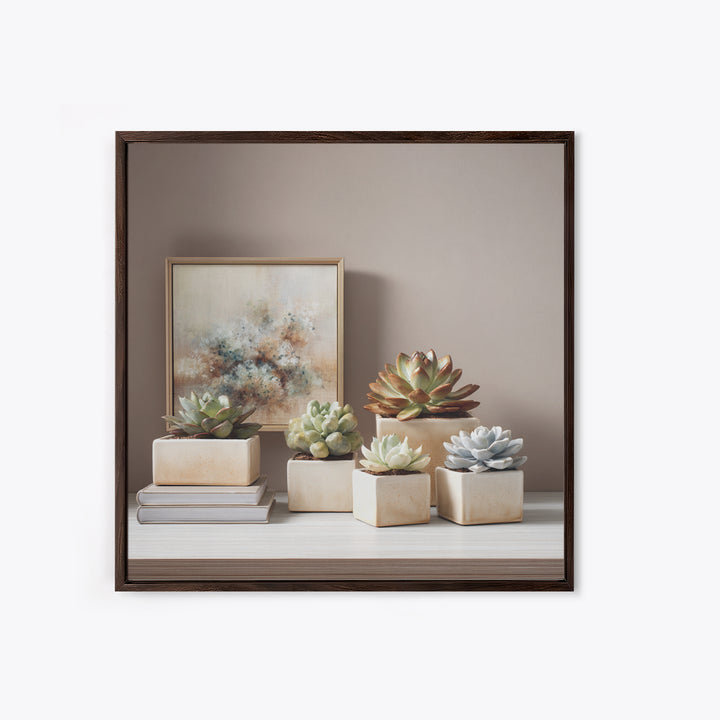 Succulent Collection in Ceramic Planters Framed Canvas Print, Patio Art, Luxury Decor, Patio Decor, Oil Painting, Outdoor, PAT-1x1-93