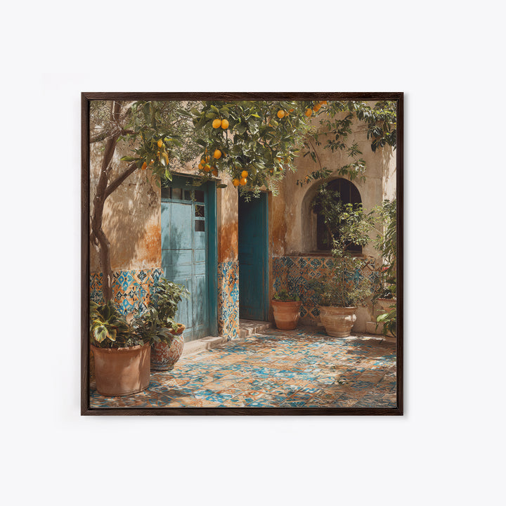 Mediterranean Lemons and Blue Tile Pattern Canvas Print, Patio Art, Boho Decor, Patio Decor, Fine Art, Outdoor, Outdoor Decor, PAT-1x1-98