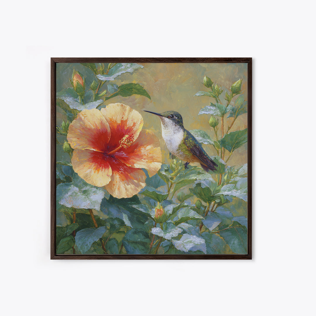 Hummingbird Visiting Bright Hibiscus Canvas Print, Patio Art, Wall Art, Patio Decor, Fine Art, Outdoor, Outdoor Wall Decor, PAT-1x1-99