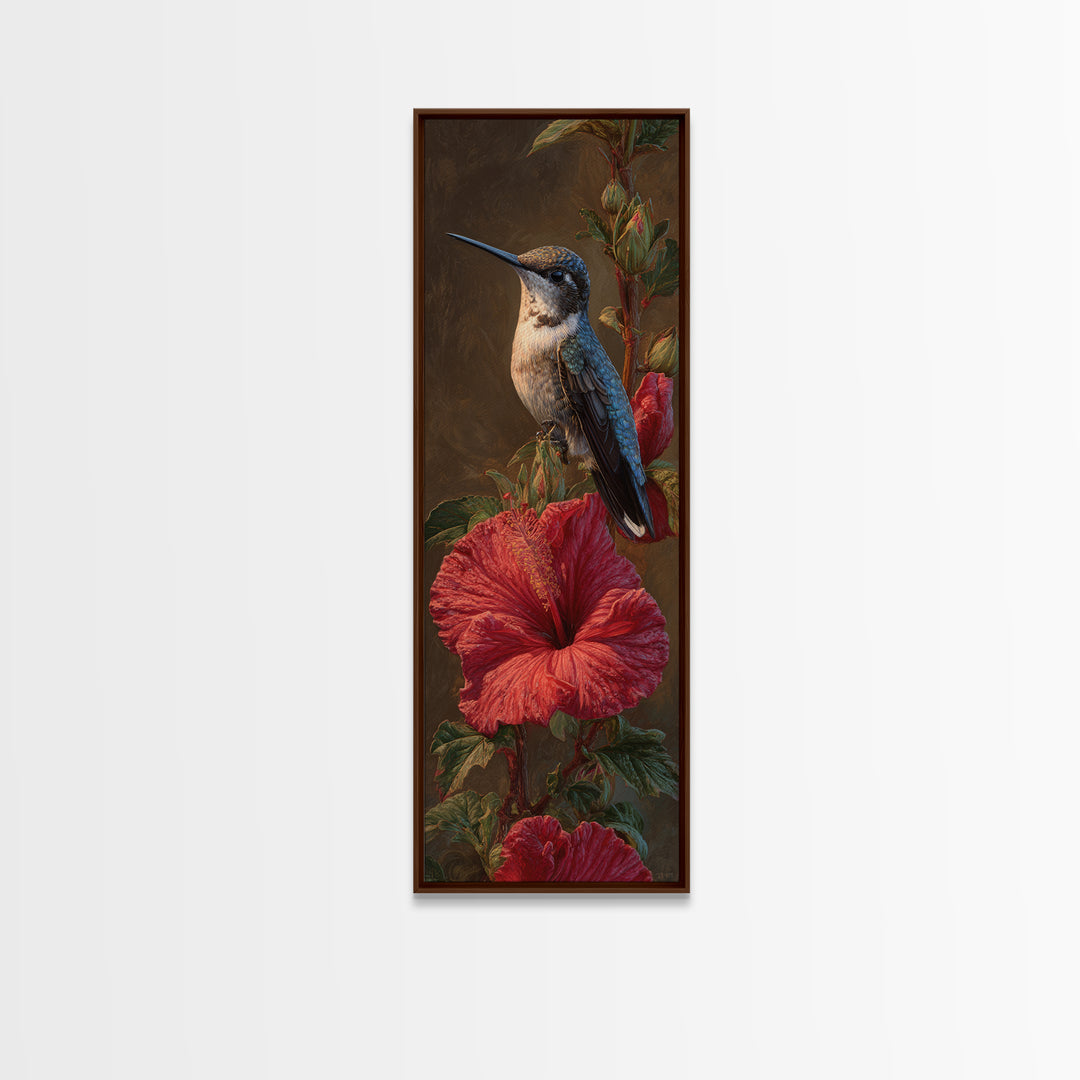 Hummingbird Visiting Bright Hibiscus Framed Canvas Print, Patio Art, Patio Decor, Abstract Art, Outdoor, Floral Wall Art, PAT-1x3-15