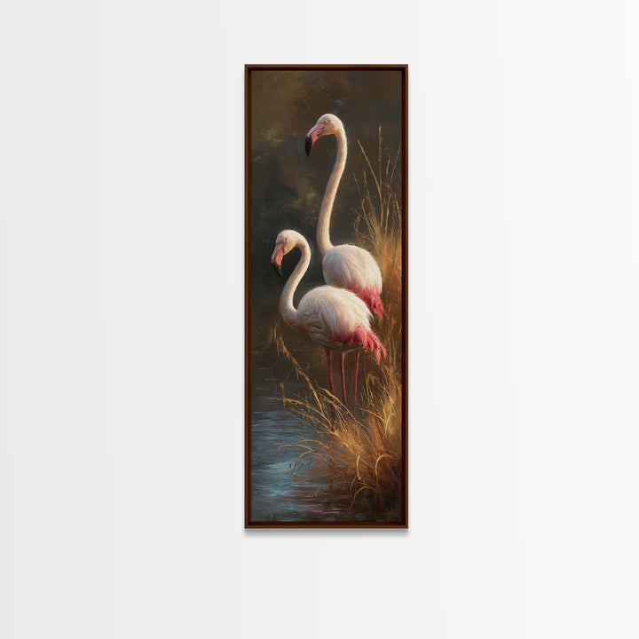 Flamingo Pair Beside Shallow Water Framed Canvas Print, Patio Art, Rustic Decor, Patio Decor, Fine Art, Outdoor, PAT-1x3-46