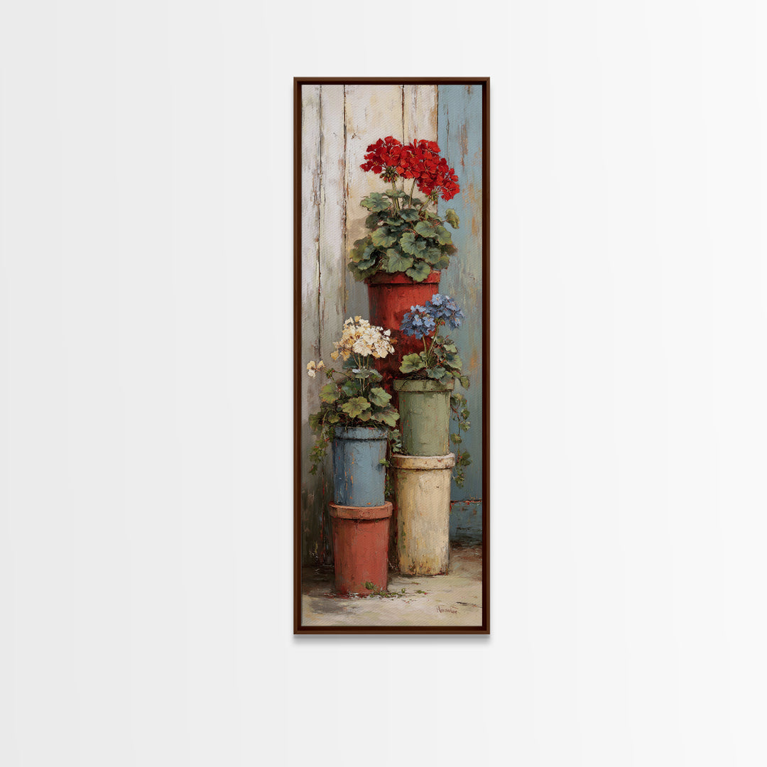 Potted Geraniums in Rustic Clay Pots Framed Canvas Print, Patio Art, Outdoor Art, Patio Decor, Fine Art, Outdoor, PAT-1x3-50