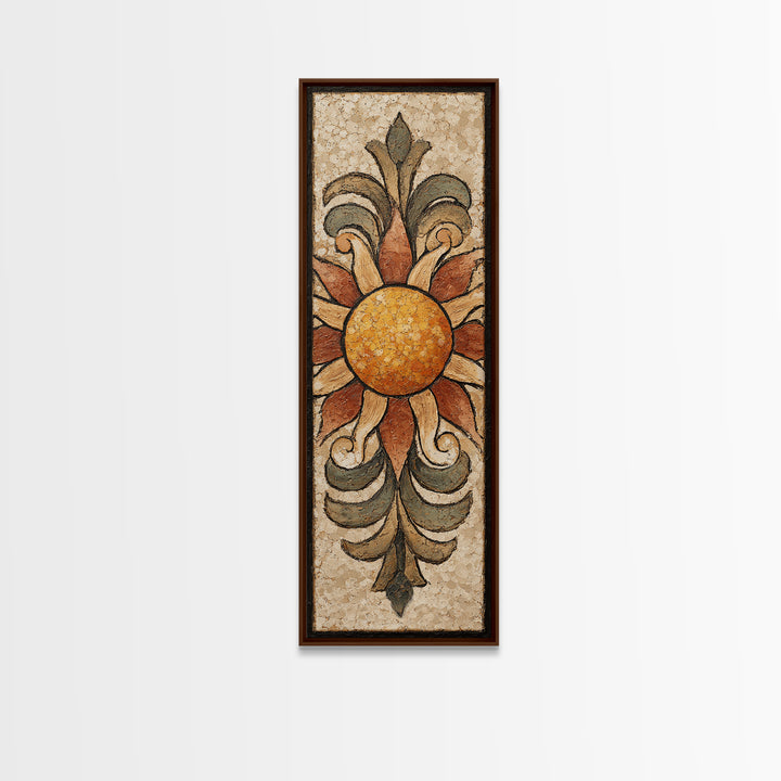 Sun Motif with Warm Terracotta Rays Framed Canvas Print, Patio Art, Patio Cushions, Patio Decor, Oil Painting, Outdoor, PAT-1x3-54