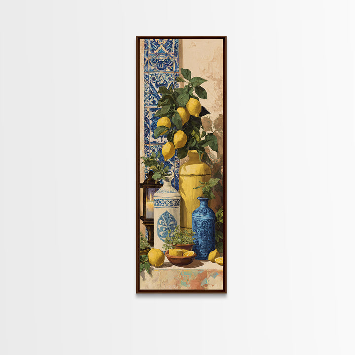 Mediterranean Lemons and Blue Tile Pattern Framed Canvas Print, Patio Art, Neutral Decor, Patio Decor, Fine Art, Outdoor, PAT-1x3-62