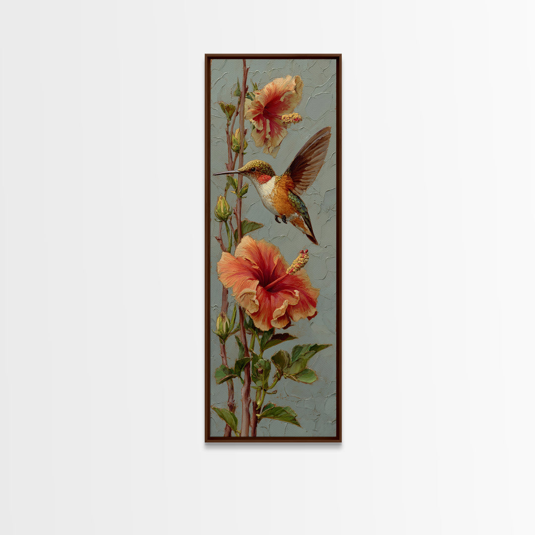 Hummingbird Visiting Bright Hibiscus Canvas Print, Patio Art, Patio Decor, Oil Painting, Outdoor, Gallery Decor, Neutral Decor, PAT-1x3-63