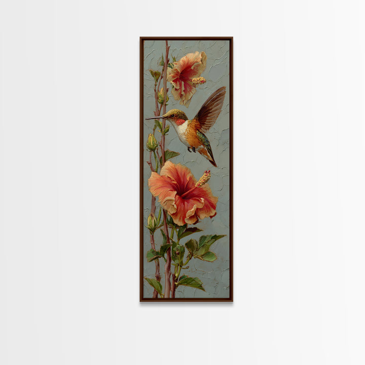 Hummingbird Visiting Bright Hibiscus Canvas Print, Patio Art, Patio Decor, Oil Painting, Outdoor, Gallery Decor, Neutral Decor, PAT-1x3-63