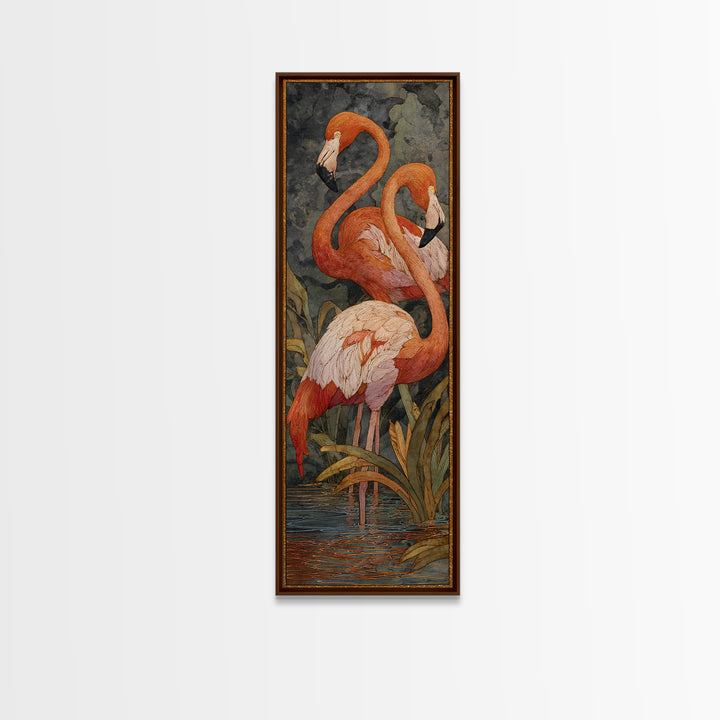 Flamingo Pair Beside Shallow Water Framed Canvas Print, Patio Art, Rustic Decor, Patio Decor, Fine Art, Outdoor, PAT-1x3-70