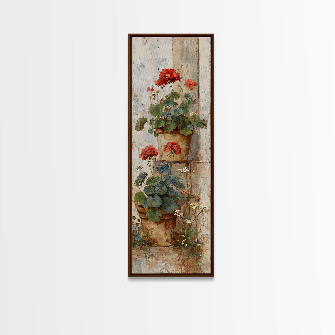Potted Geraniums in Rustic Clay Pots Framed Canvas Print, Patio Art, Outdoor Art, Patio Decor, Fine Art, Outdoor, PAT-1x3-74