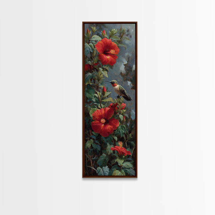Hummingbird Visiting Bright Hibiscus Framed Canvas Print, Patio Art, Patio Cushions, Patio Decor, Outdoor, Luxury Decor, PAT-1x3-87