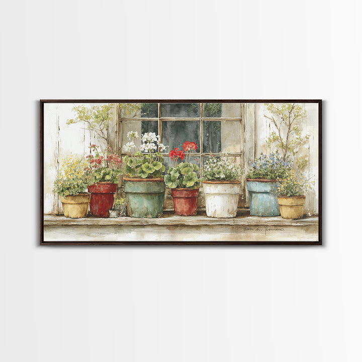 Potted Geraniums in Rustic Clay Pots Framed Canvas Print, Patio Art, Art Print, Patio Decor, Fine Art, Outdoor, Garden Decor, PAT-2x1-10