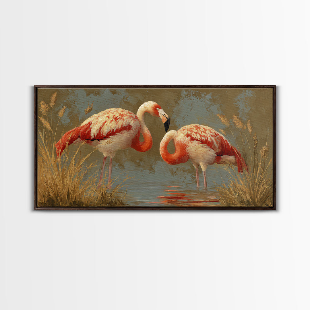 Flamingo Pair Beside Shallow Water Framed Canvas Print, Patio Art, Luxury Decor, Patio Decor, Fine Art, Outdoor, Wall Hanging, PAT-2x1-30