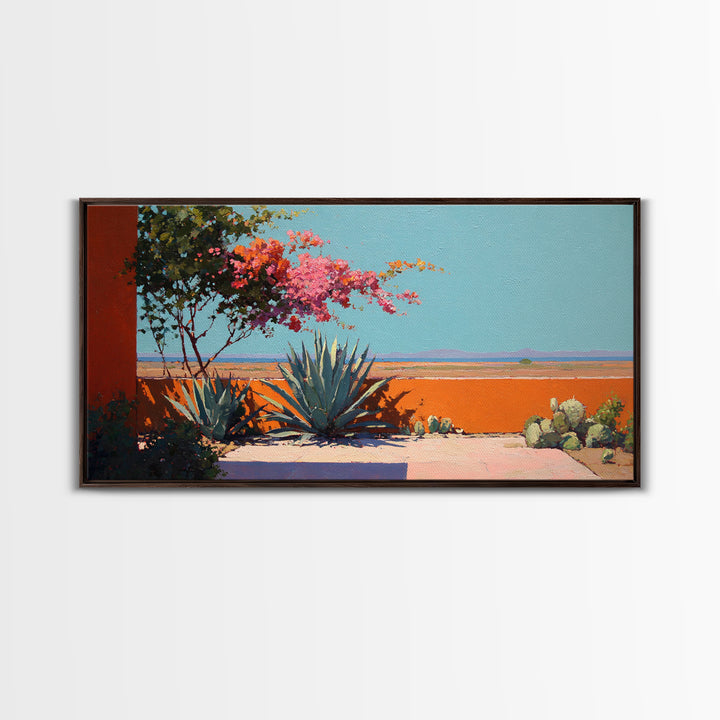 Desert Patio Agave and Bougainvillea Framed Canvas Print, Patio Art, Minimalist Decor, Patio Decor, Fine Art, Outdoor, PAT-2x1-37