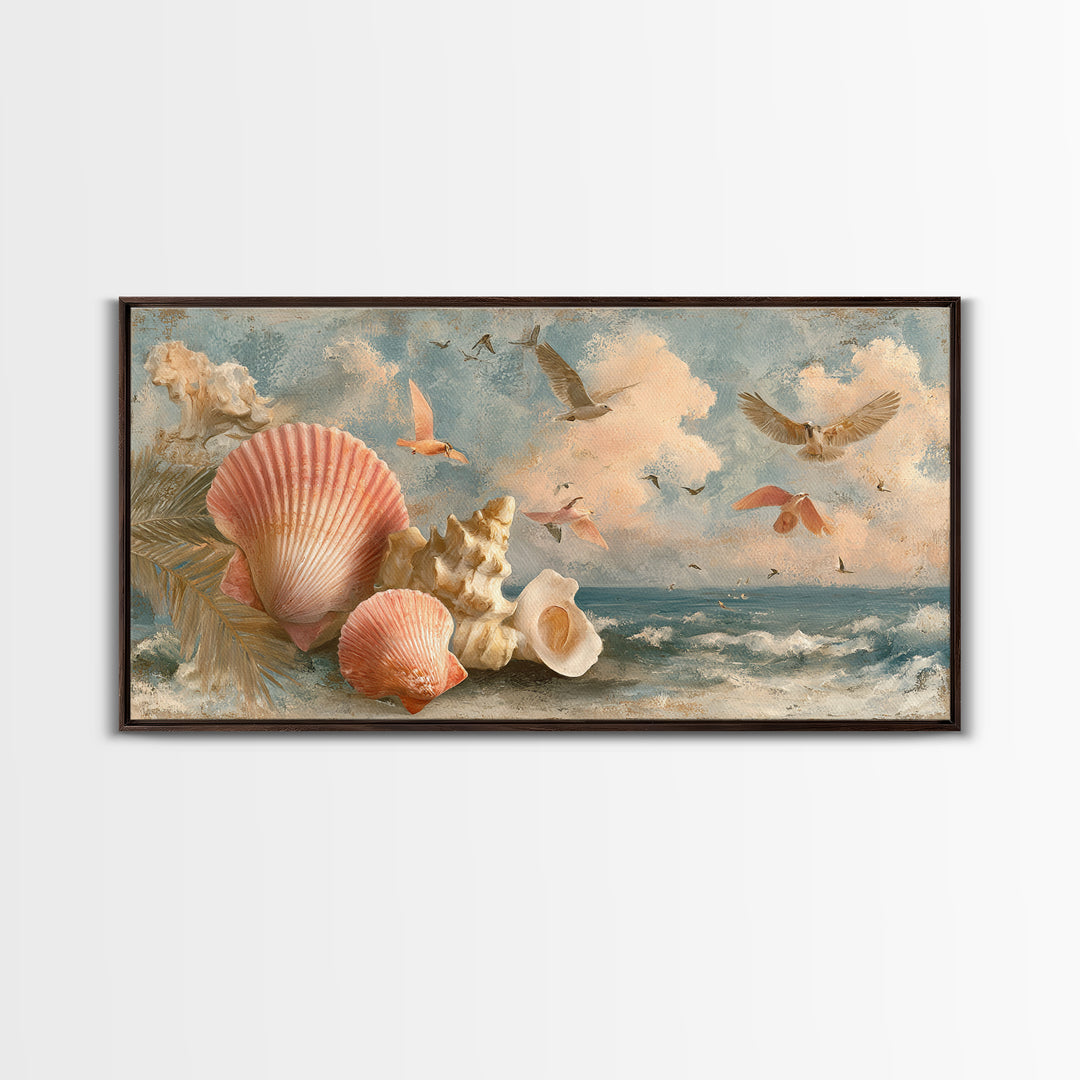 Beachy Shell and Palm Arrangement Canvas Print, Patio Art, Outdoor Decor, Patio Decor, Oil Painting, Outdoor, Bar Art, PAT-2x1-39